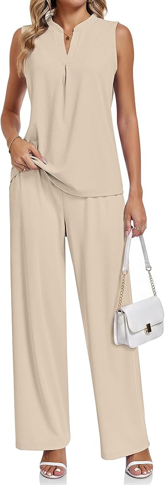 AUSELILY Women's Two Piece Sets Waffle Knit Summer Casual V Neck Sleeveless Pleated Pants Set Dra... | Amazon (US)