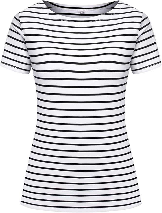 LilyCoco Women's Striped Shirt Short Sleeve Tops Crewneck T-Shirt Basic Tees | Amazon (US)
