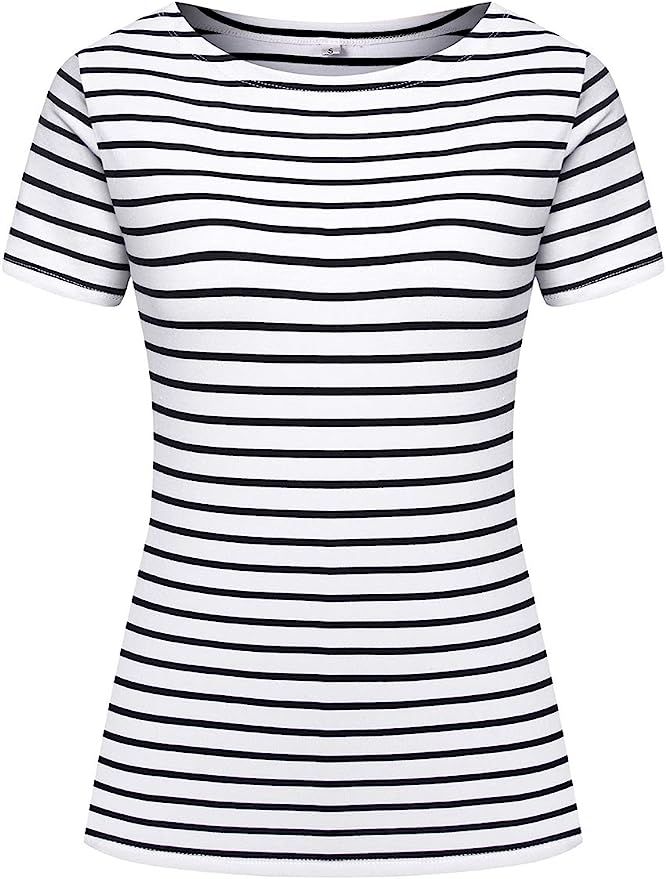 LilyCoco Women's Striped Shirt Short Sleeve Tops Crewneck T-Shirt Basic Tees | Amazon (US)