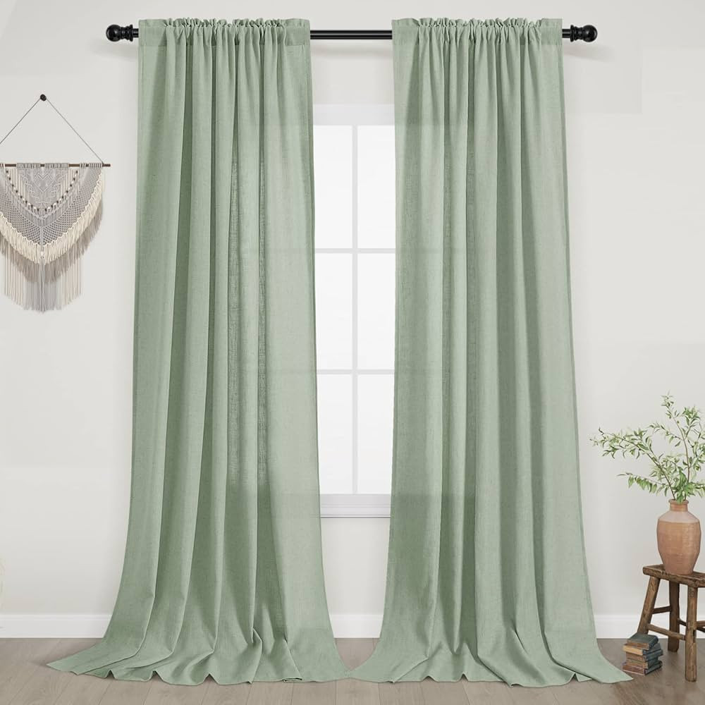 Sage Green Living Room Curtains 96 Inches Long 2 Panels Rod Pocket Privacy Semi Sheer Green Linen... | Amazon (US)