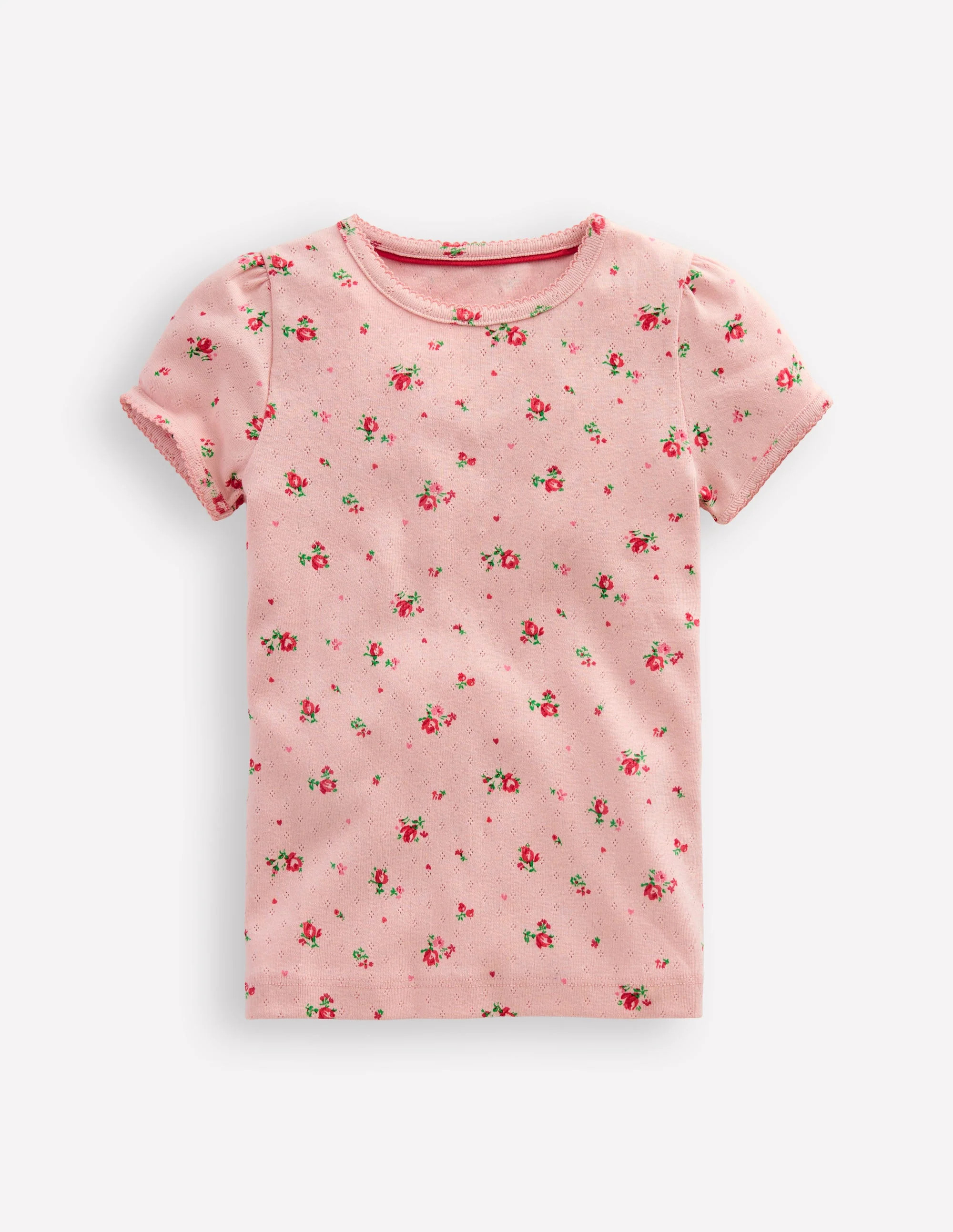 Short Sleeve Pointelle Top-Chalk Pink Rosebud | Boden (US)