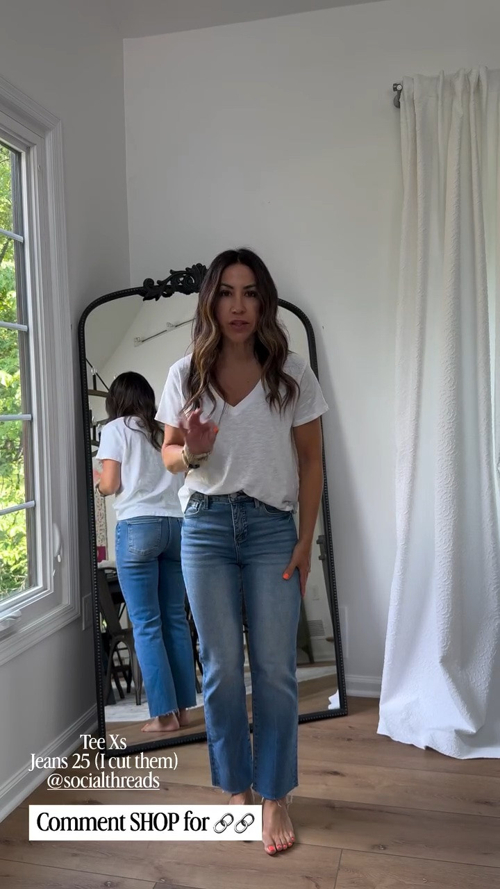 Straight leg jeans, 25. I cut them. XS white v neck T-shirt.

#LTKOver40 #LTKPetite