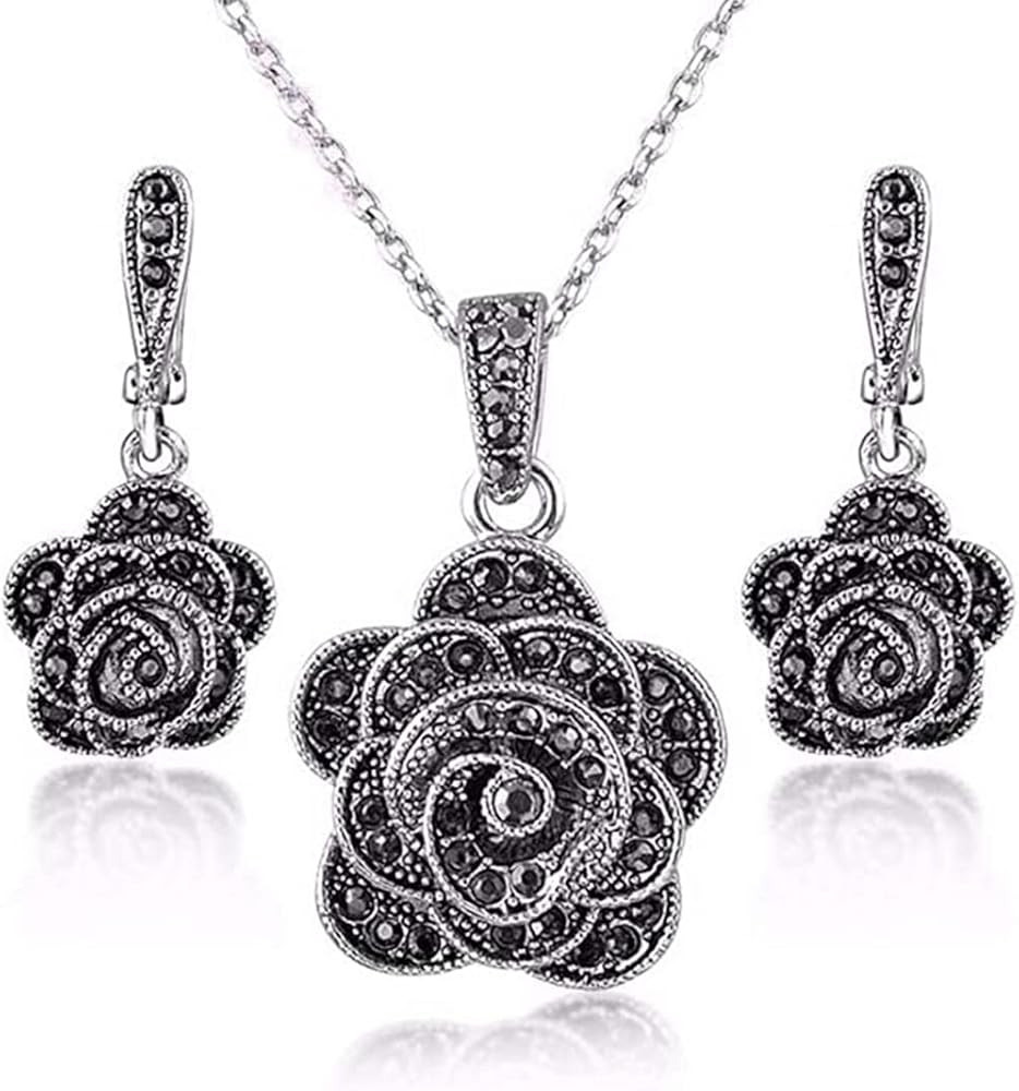 Vintage Black Crystal Geometric Rose Flower Necklace Earrings Fashion Jewelry Sets Christmas Day ... | Amazon (US)