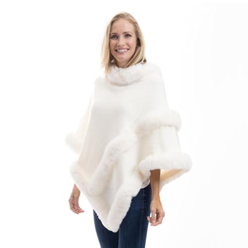 Luxurious Faux Fur Trim Cozy Knit Poncho, One Size | Amazon (US)