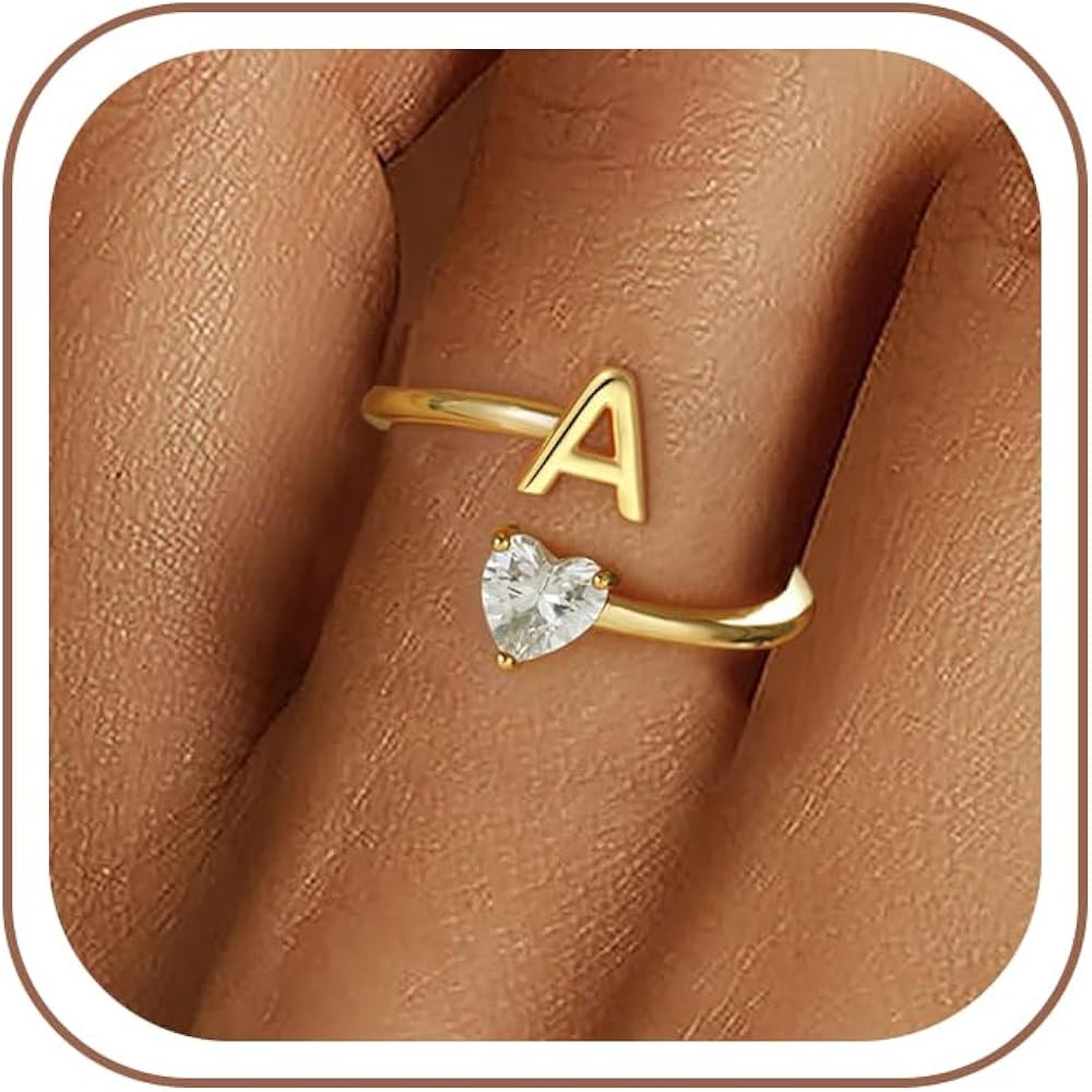Mothers Day Gifts - 18K Gold Plated Initial Rings for Women Girls Adjustable Letter A-Z Gold Init... | Amazon (US)