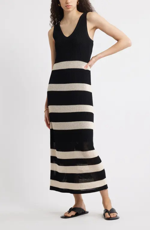 Nordstrom Sleeveless Open Stitch Maxi Sweater Dress in Black- Ivory Stripe at Nordstrom, Size X-Large | Nordstrom