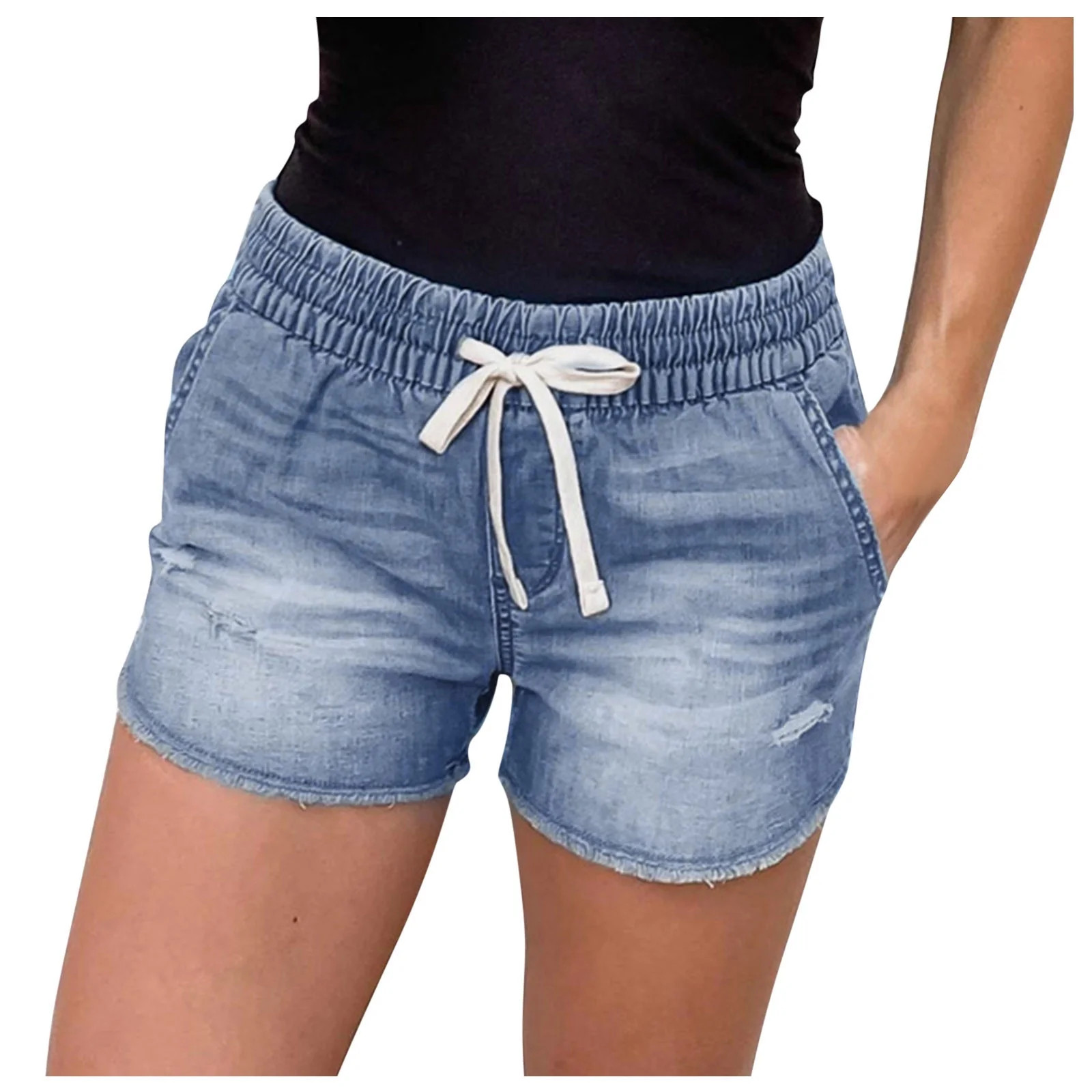 Women's Rolled Up Pull-On Denim Shorts Drawstring Jean Shorts for Women | Walmart (US)