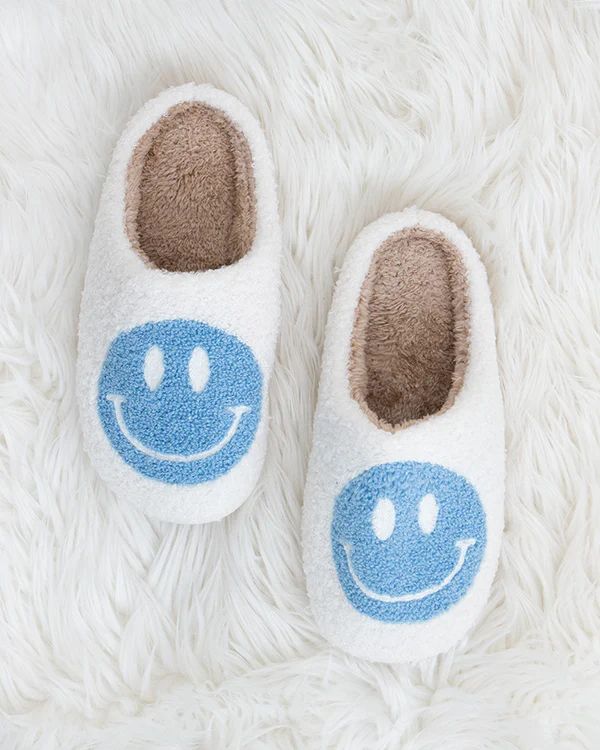 Smiley Face Blue Slippers | Grace and Lace