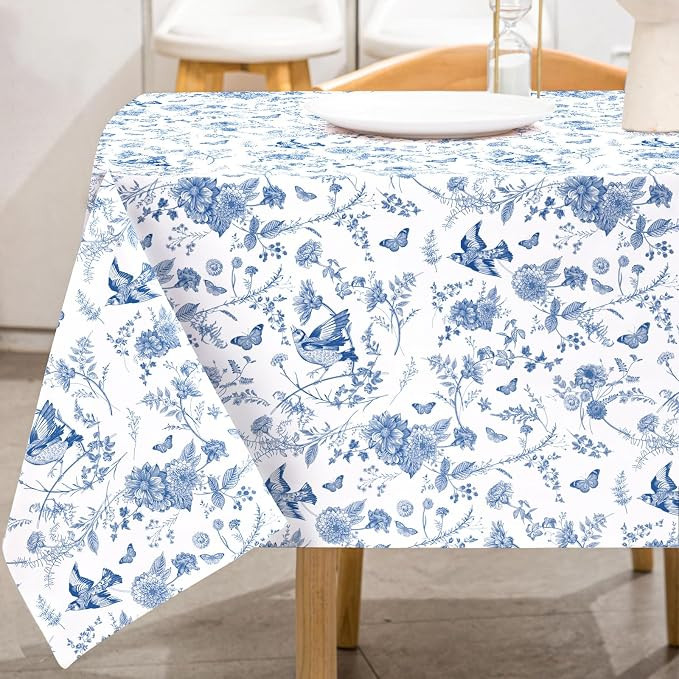 Blue Floral Tablecloth Vintage Flower Reusable Fabric Table Cloth 60 x 104 inch Waterproof Chinoi... | Amazon (US)