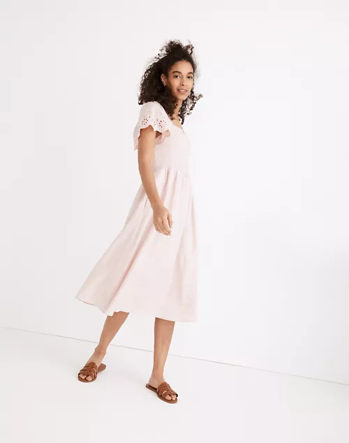 Linen-Blend Eyelet-Sleeve Lucie Smocked Midi Dress | Madewell