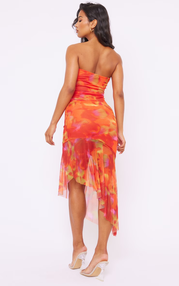Orange Abstract Print Asymmetric Frill Hem Bandeau Midaxi Dress | PrettyLittleThing UK