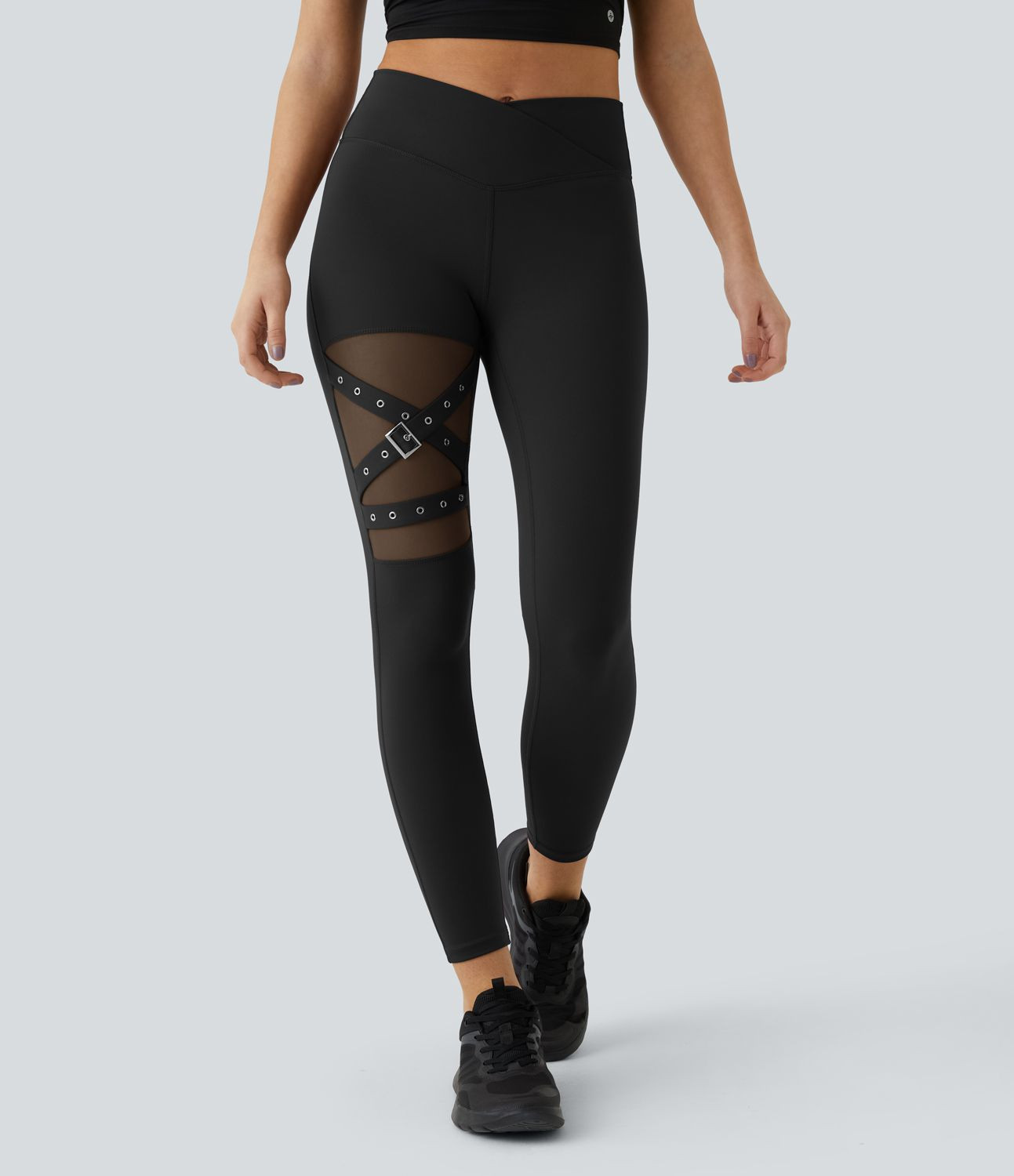 Women’s High Waisted Crossover Contrast Mesh Decorative Buckle Yoga Leggings - Halara | HALARA