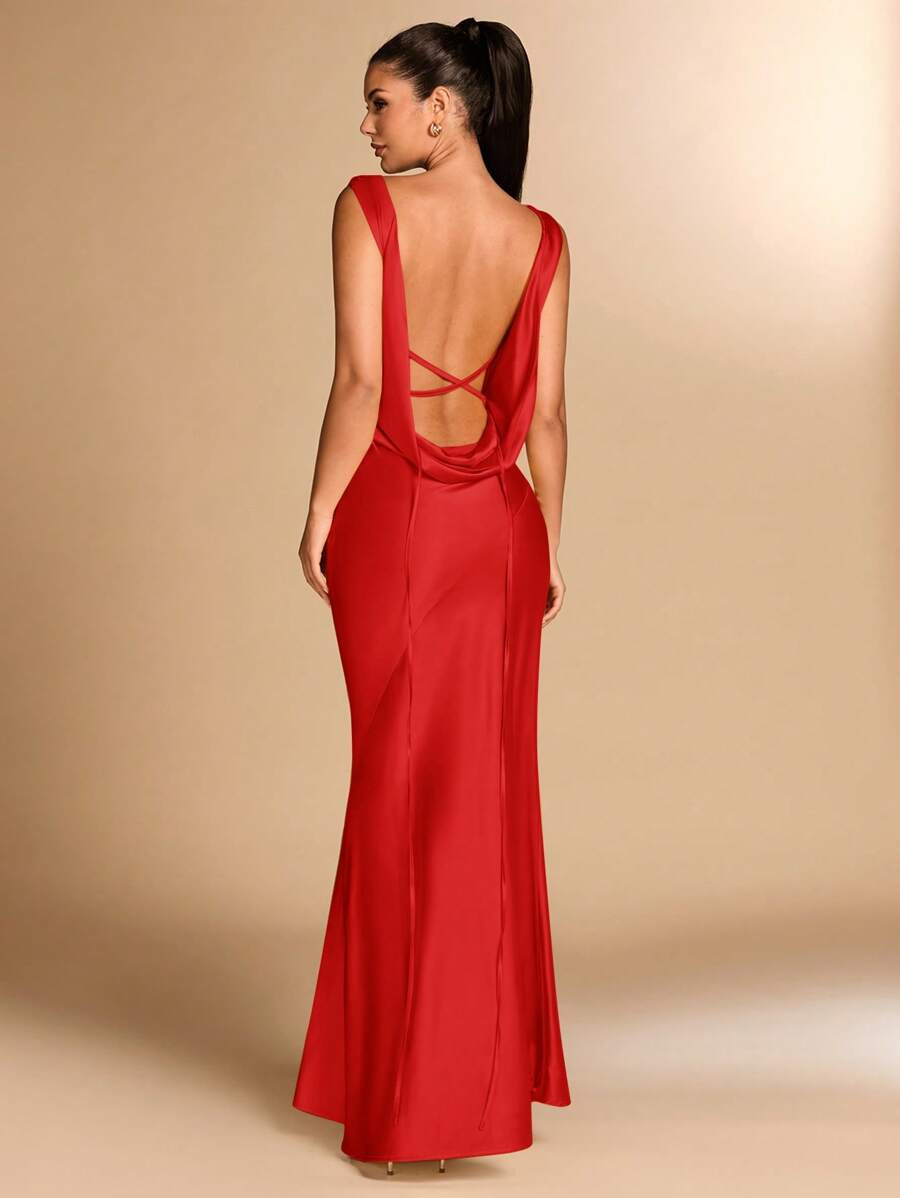 SHEIN BAE Solid Color Sexy Elegant Draped Neck Spaghetti Strap Backless Dress, Suitable For Cockt... | SHEIN