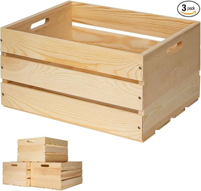 3 Pieces Large Pine Wood Crates For Storage, Unfinished Natural Wooden Crates, 17" x 13" x 8.9" E... | Amazon (US)