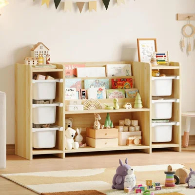 23.6"H Kids Toy Storage Organizer,  Pine Wood Toy Organizers and Storage Cabinet with 3-Tier Book Shelf, 6 Toy Bins, Kids Bookcase for Nursery & Playr | Wayfair North America