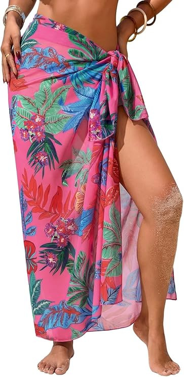 Women Sheer Sarong High Slit One Size Swimsuit Coverups 2026 Summer Floral Print Chiffon Wraps Be... | Amazon (US)