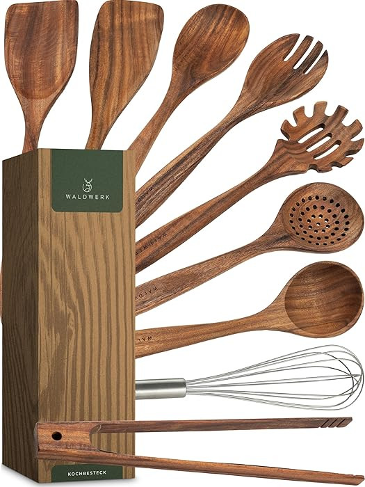 WALDWERK Wooden Spoons for Cooking – 9-Piece Kitchen Utensils Set with Spatula, Tongs, Whisk, W... | Amazon (US)