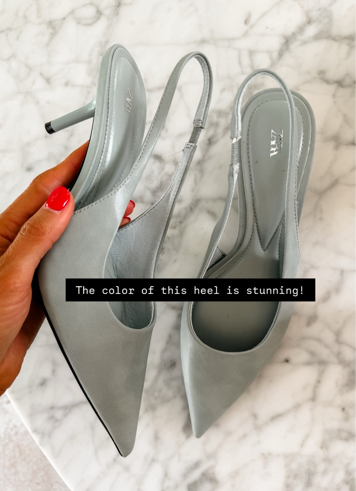 Such a pretty pop of color you could pair with so many different looks!

Loverly Grey, Zara, blue slingback heels