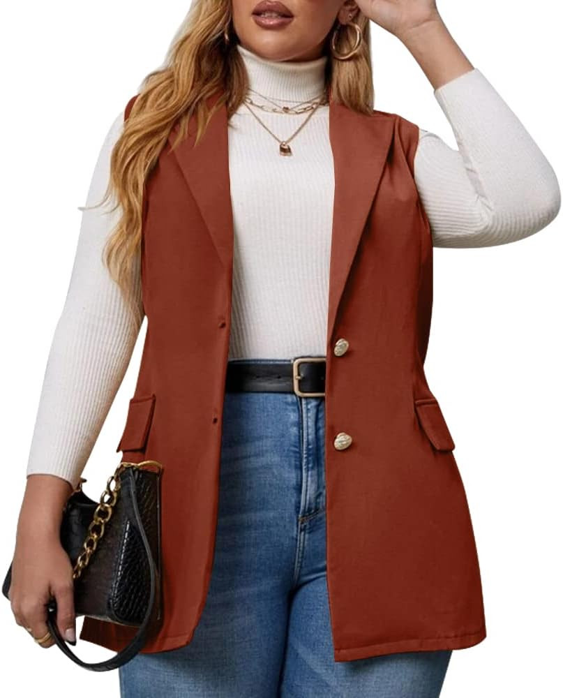 Womens Plus Size Sleeveless Blazer Vest Oversize Casual Work Office Lapel Blazers Jackets with Pocke | Amazon (US)