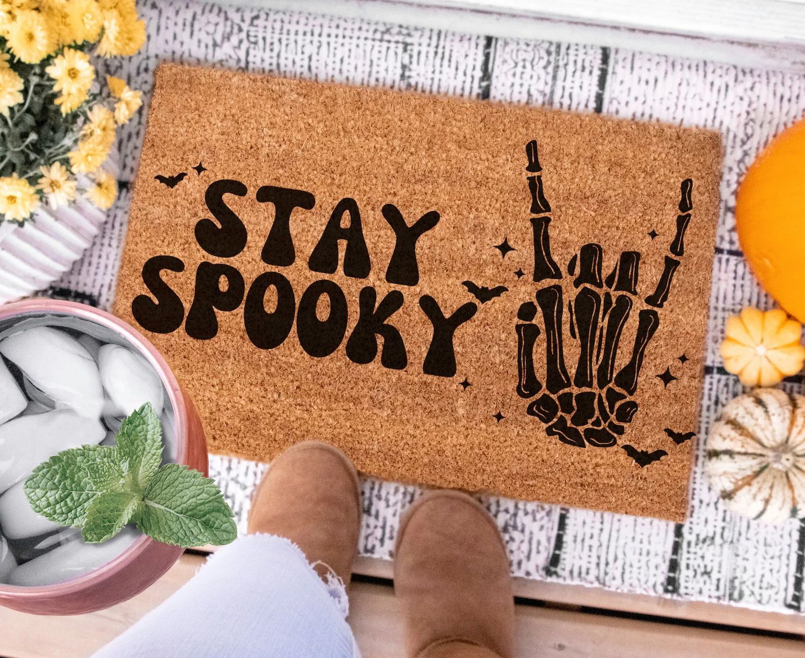 Stay Spooky Doormat, Cute Halloween Decor, Skeleton Peace Sign, Halloween Doormat, Halloween Welc... | Etsy (US)