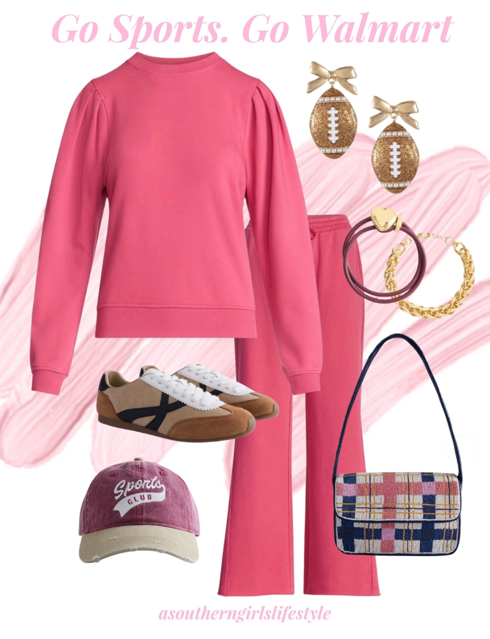 New Comfy & Cute Pink Puff Sleeve Sweatshirt & Pants - comes in more colors! 

Kept it on theme for Fall - pulled together & cute whether running errands or to a ball game - Sports Club Baseball Hat, Bow Football Earrings, Bracelet Set, Plaid Beaded Bag & Low Profile Sneakers 

Walmart. Fall Outfits Women. Casual Weekend. Lounging. Cozy Season

#LTKSeasonal #LTKootd #LTKPetite