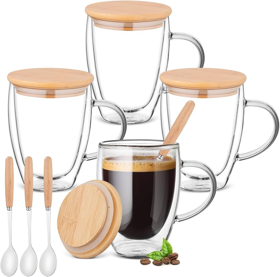 4 Pack Double Walled Glass Coffee Mugs with Bamboo Lid/Spoon, Insulated Coffee Cups with Handle, ... | Amazon (US)