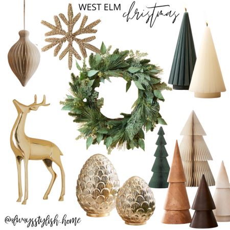 West Elm Christmas Decor, tree candle, gold reindeer, Christmas wreath, paper ornament, paper Christmas trees, wood stacked Christmas tree, gold acorn decor, holiday decor

#LTKhome #LTKHoliday