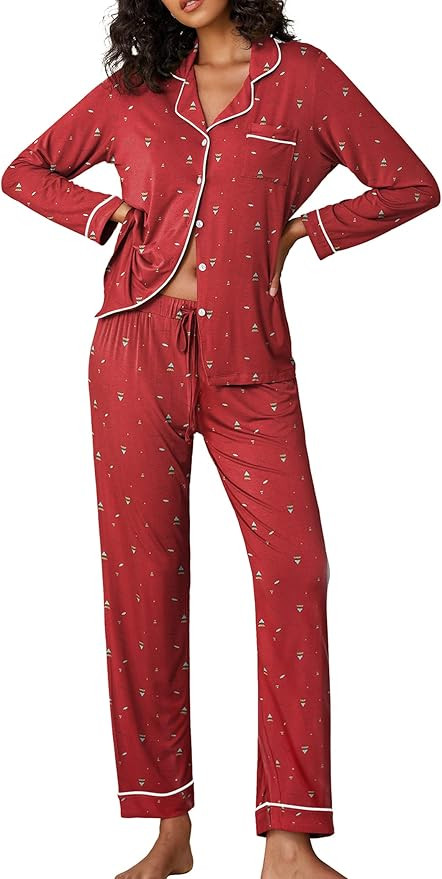 Ekouaer Pajamas Women's Long Sleeve Sleepwear Soft Button Down Loungewear Pjs Lounge Set Nightwea... | Amazon (US)