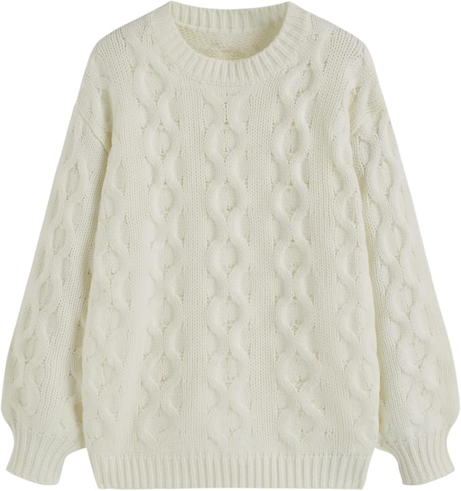 CIDER Cable Knit Sweater Women Oversized Crew Neck Long Sleeve Pullover Casual Knitted Sweater Lo... | Amazon (US)