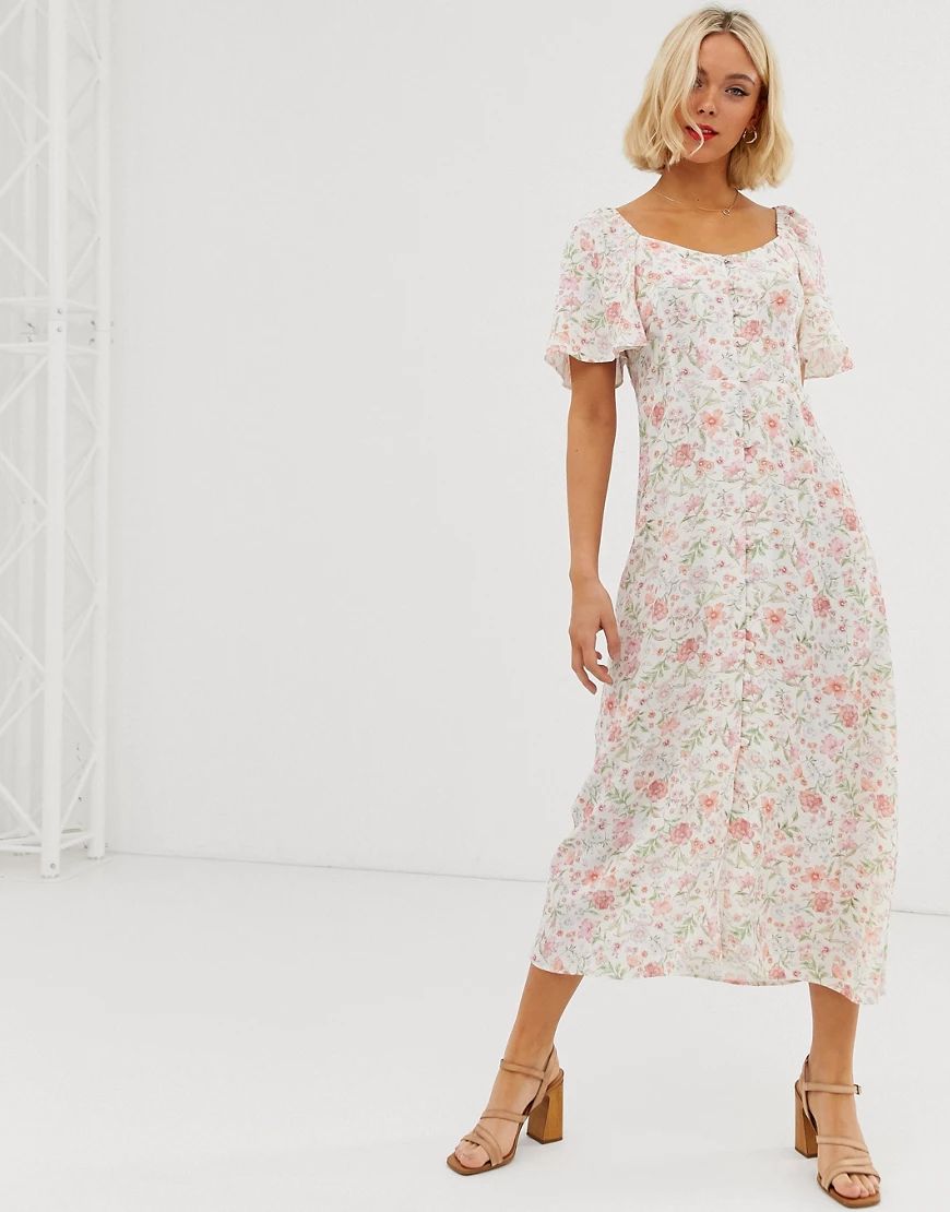 New Look button through midi prairie dress in white floral print | ASOS (Global)