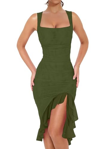 BORIFLORS Women's Sexy Ruched Bodycon Midi Cocktail Dresses     Square Neck Sleeveless, Ruffle He... | Amazon (US)