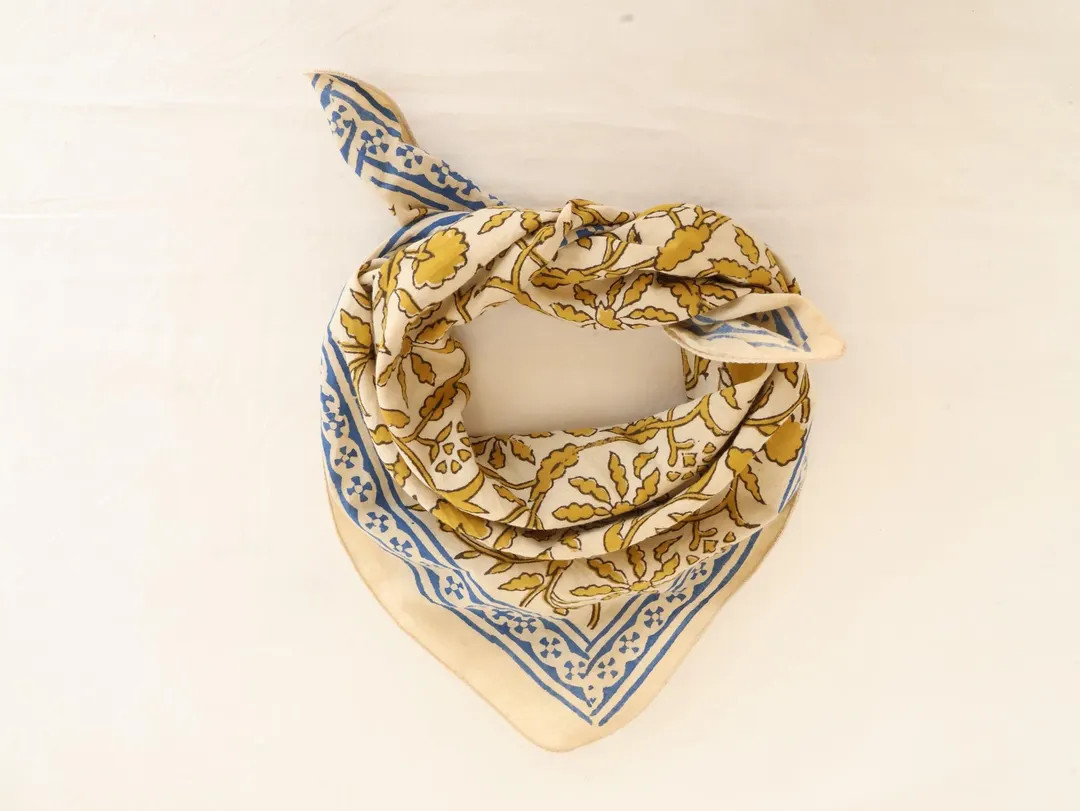 Hand Block Printed Organic Cotton Bandana: Yellow & Blue Floral Scarf | Boho Hair Wrap | 100% Cot... | Etsy (US)