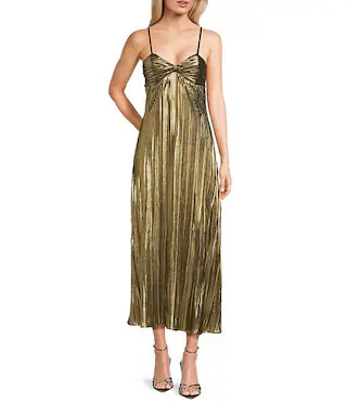 Foil Pleated Sweetheart Neck Long Dress | Dillard's