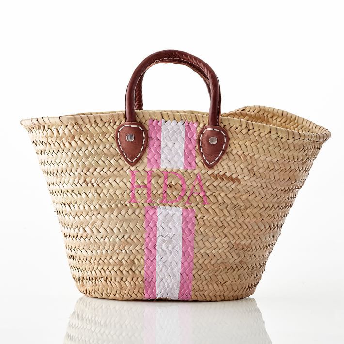 Hand-Painted Straw Beach Bag, Pink-White | Mark and Graham