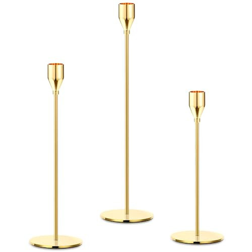 3 Pcs Candle Candlestick Holders, Imitation Gold Table Candle Holders Stands Vintage, Tapered Candle Pillar Holders for Fireplace, Living Room, Dinning Table, Wedding Ornaments Decorations | Amazon (UK)