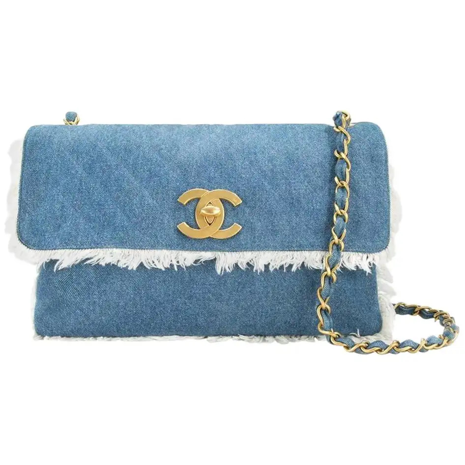 Chanel Classic Flap Vintage Fringe Quilted Jumbo Maxi Jean Blue Denim Bag | 1stDibs
