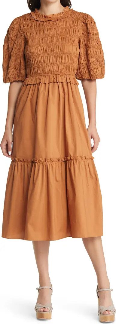 Smocked Puff Sleeve Midi Dress | Nordstrom