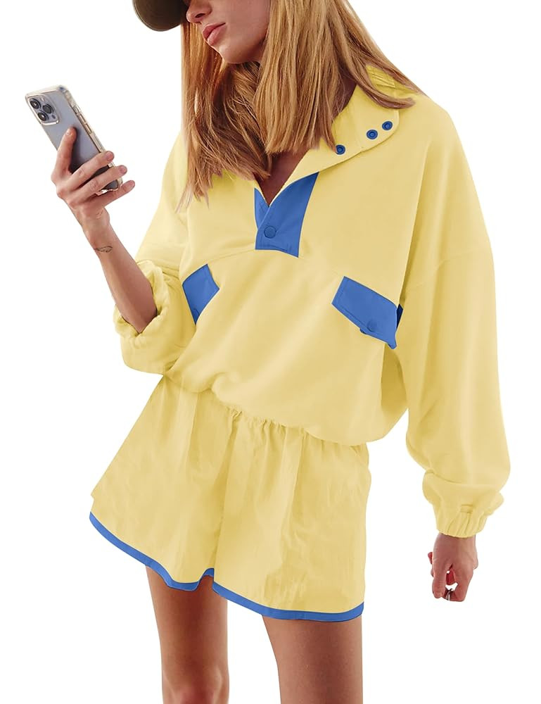 Quarter Button Sweatsuits Women Oversized Color Block Sweatshirts Sets Shorts Tracksuits 2025 Cas... | Amazon (US)