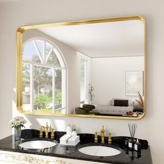 XRAMFY 30 in. W x 40 in. H Rectangular Modern Aluminum Framed Rounded Gold Wall Mirror BMCARC3040... | The Home Depot