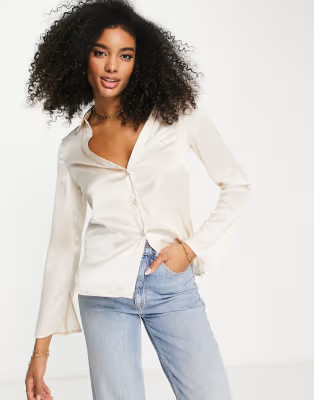 ASOS DESIGN slim fit satin shirt in ivory | ASOS (Global)
