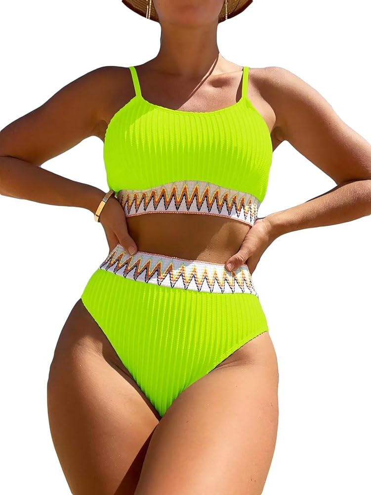 Women's High Waisted Bathing Suit Chevron Tape Spaghetti Strap Swimsuit Bikini Set 2 Piece | Amazon (US)