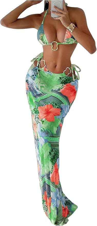 WDIRARA Women's 3 Piece Floral Halter Bikini Set Ring Linked Leopard Print Swimsuit with Coverup ... | Amazon (US)