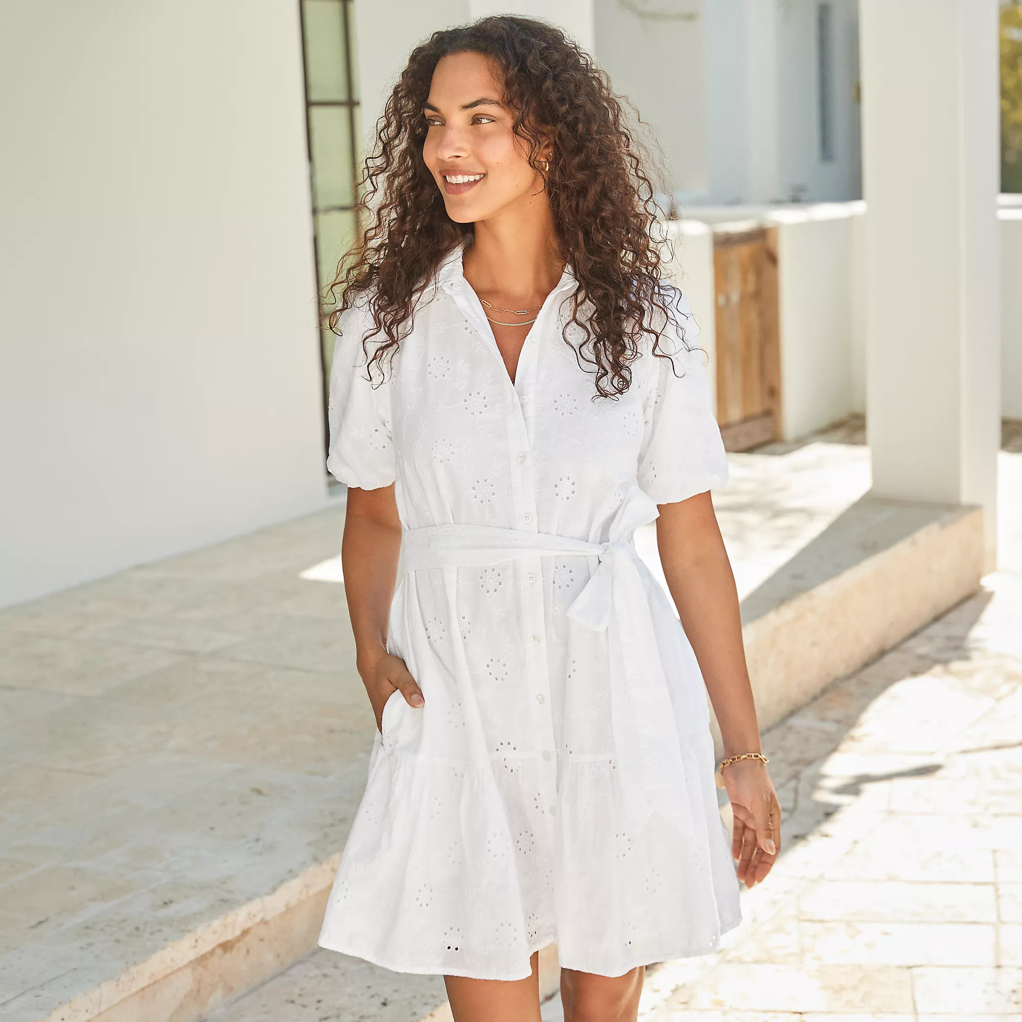 Women's Elbow Sleeve Eyelet Knee Length Shirt Dress | Lands' End (US)