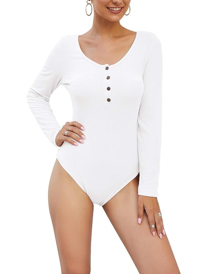 OYANUS Womens Long Sleeve Bodysuit Scoop Neck Button Down Sexy Bodycon Clubwear Bodysuits Tops | Amazon (US)