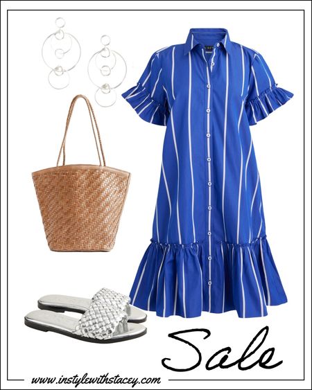 The blue & white stripe version of this adorable dress I just bought is on SALE!! For just 2 days, get 40 % off select JCrew dresses! Those sandals and earrings are 30% off for a limited time! Great reviews, true to size! 
I am sharing a few more favorite dresses on sale below  