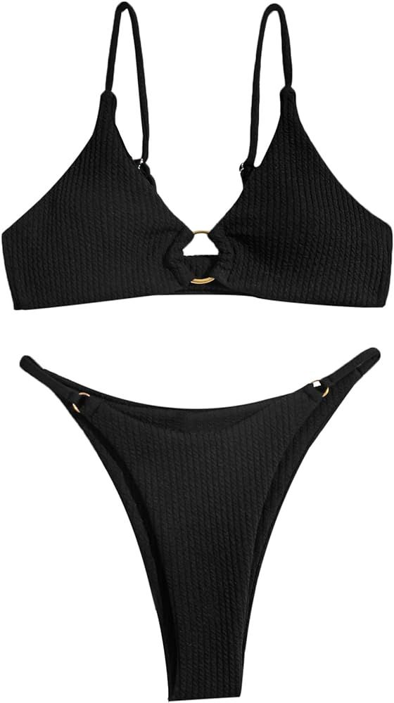 MakeMeChic Women's Ring Linked High Cut Bikini Set Sexy 2 Piece Swimsuit | Amazon (US)