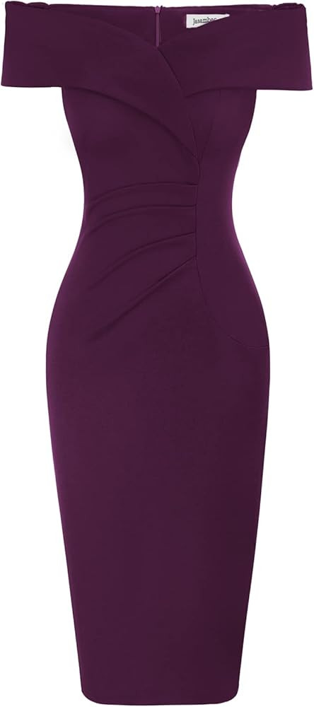 JASAMBAC Women's Off Shoulder V Neck Ruched Bodycon Midi Elegant Cocktail Party Dress Wedding Gue... | Amazon (US)