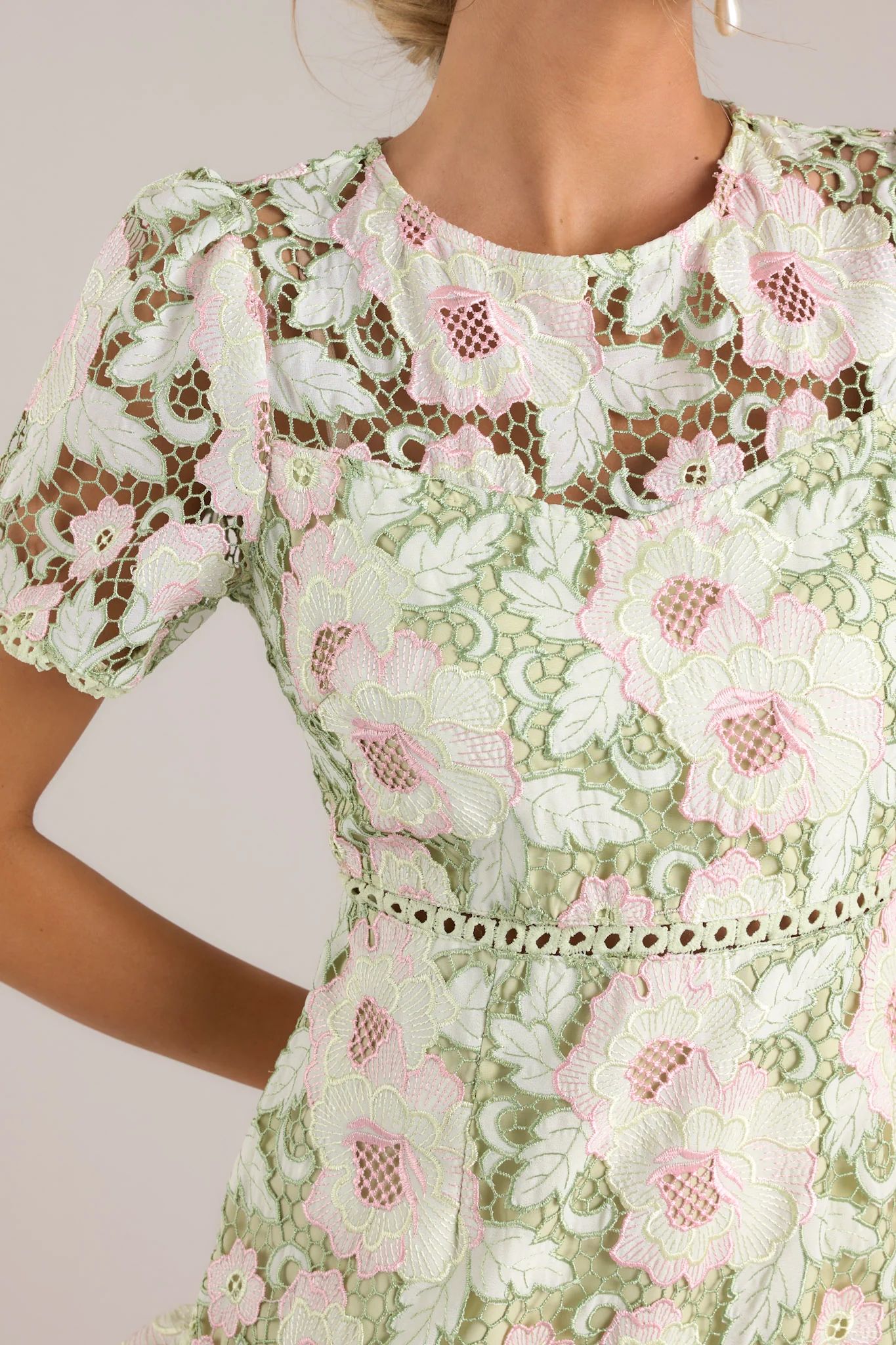 Soft Sophistication Light Green Floral Embroidered Mini Dress | Red Dress