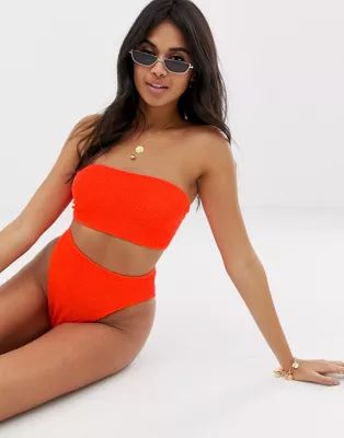 ASOS DESIGN mix and match crinkle high leg high waist bikini bottom in neon orange | ASOS US