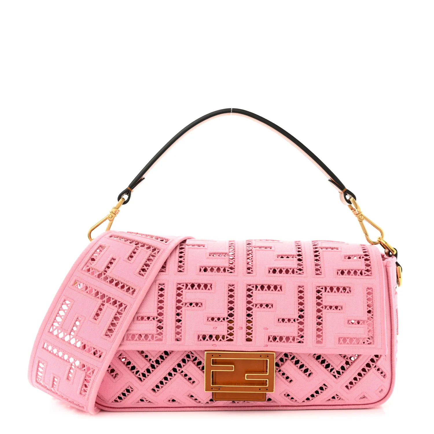 Fendi  Canvas Cuoio Agata FF Ajour Embroidered Baguette Ciclamino Cuoio | FASHIONPHILE (US)